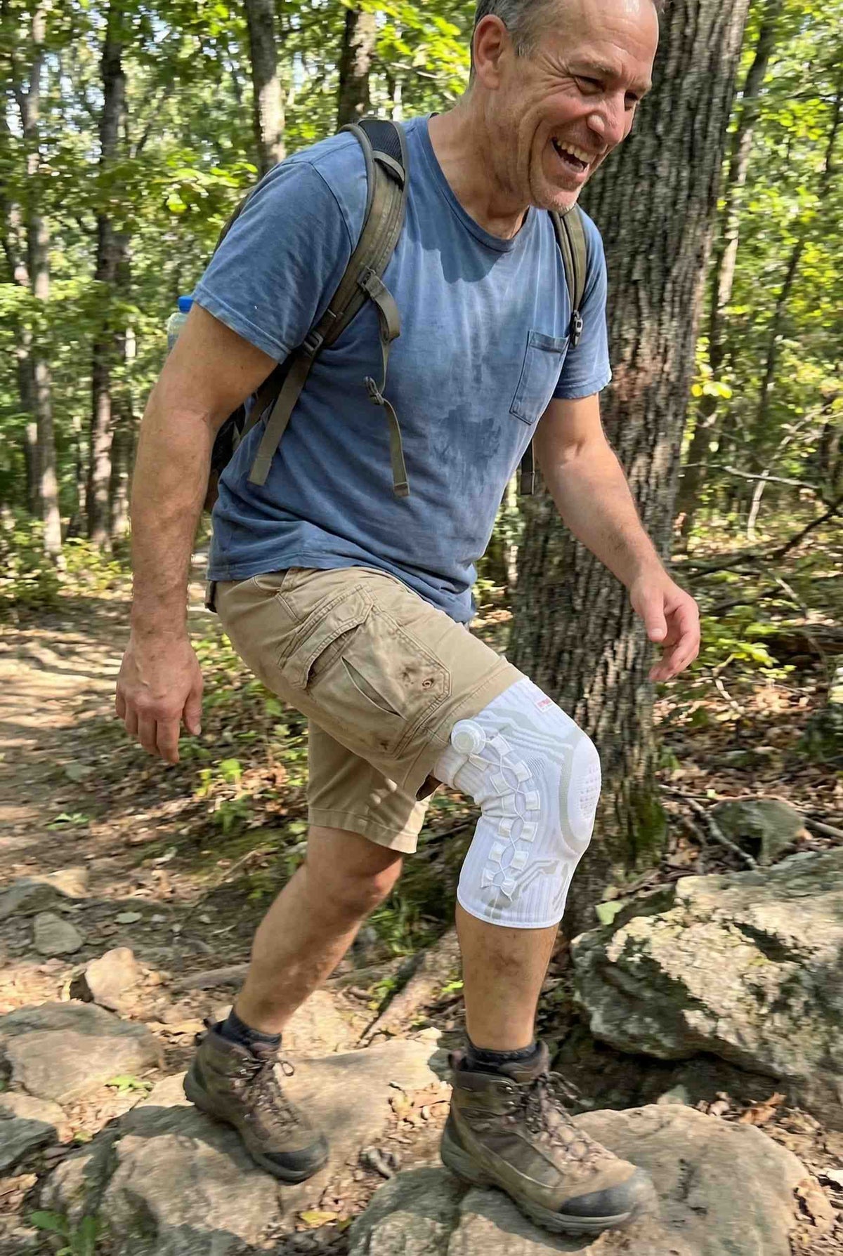 Hiking a trail wearing the knee brace